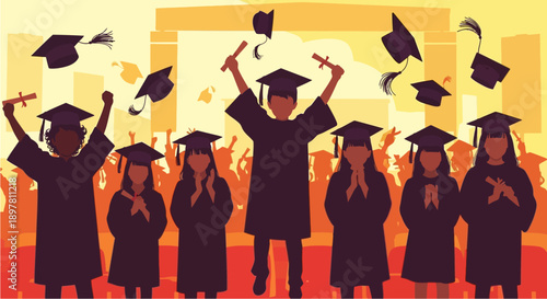 A group of diverse graduates celebrating their achievement by throwing caps in the air and holding diplomas, symbolizing success and completion.