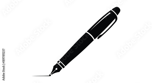 A simple black silhouette depicts a classic fountain pen resting diagonally on a white background high quality professional