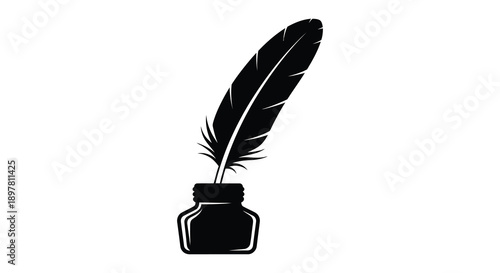 A simple black and white illustration depicts a classic quill pen resting above an inkwell high quality professional