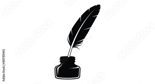 A striking black and white illustration depicts a classic quill pen resting inside a full inkwell high quality professional detailed