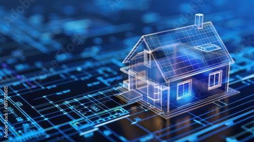 Wallpaper Mural 3D Model of a House on Architectural Blueprint Background for Design and Construction Projects Torontodigital.ca