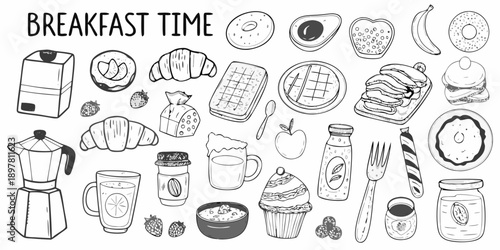 A collection of hand drawn breakfast foods and beverages in black and white