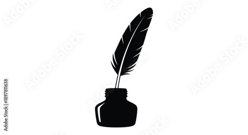 A striking black and white illustration depicts a classic quill pen resting inside an inkwell symbolizing writing high quality professional