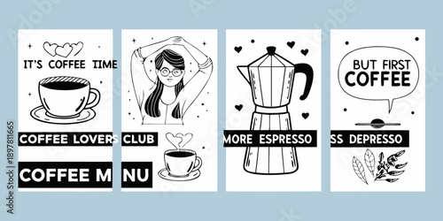 Four coffee themed illustrations arranged in a grid pattern