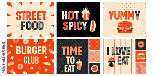 Colorful illustrations promoting street food burgers and enjoying a meal