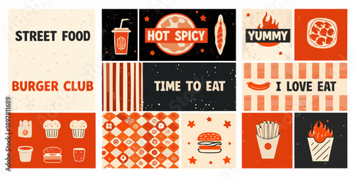 A collection of retro style street food and dining themed graphic elements
