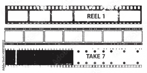 Black and white film reel with text overlays reel 1 and take 7
