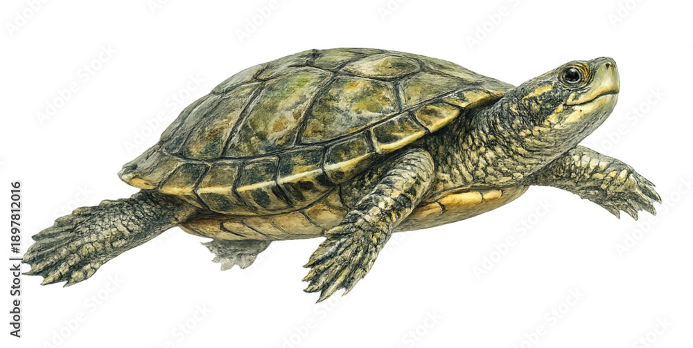Fototapeta premium Watercolor Sea Turtle Swimming Isolated on Transparent Background