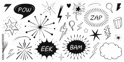 Collection of retro comic book style explosion and action word bubbles