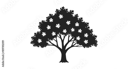 A striking black and white silhouette depicts a full rounded tree with densely packed foliage and branches high quality professional