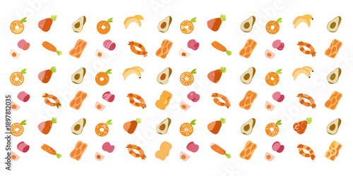 Assorted seafood and fruit slices arranged in a grid pattern