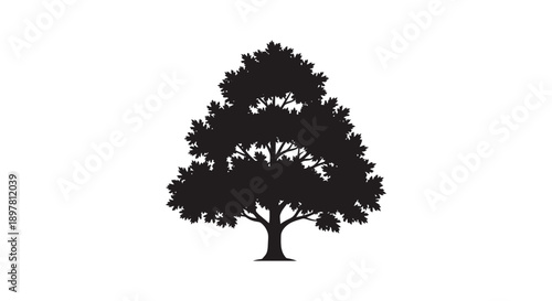 A stark silhouette of a full leafy tree dominates a plain white background creating a minimalist visual