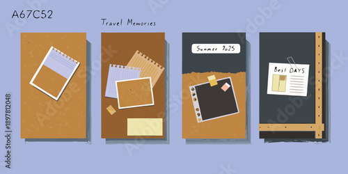 Four illustrated notebook covers with travel themed ephemera and textural details