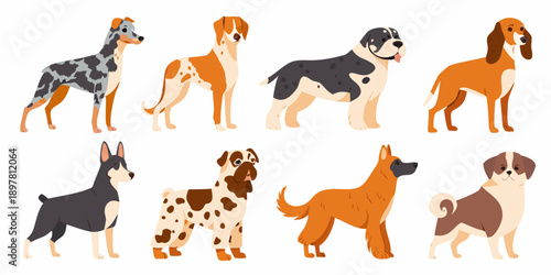 A collection of eight different breeds of cartoon dogs in a row