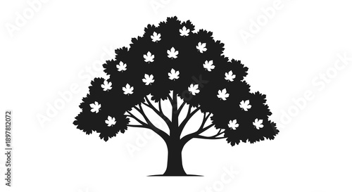 A striking black silhouette depicts a full leafy tree with numerous rounded shapes within its canopy high quality