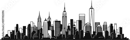 Transparent PNG available Detailed architectural line drawing of a modern city skyline with diverse skyscrapers and urban landscape