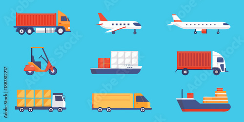 Various modes of transportation and cargo containers illustrated in flat design