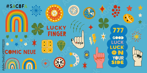 Colorful collection of lucky charms and symbols on a vibrant blue background