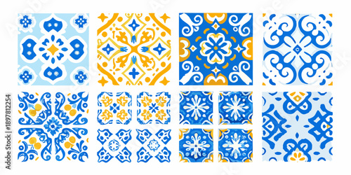 Assorted seamless patterns of blue and orange ceramic tiles