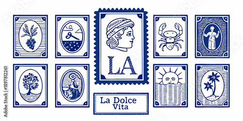 A collection of blue and white vintage style postage stamps with various designs