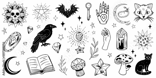 An assortment of mystical and occult themed black and white illustrations