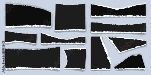 Collection of torn paper scraps with jagged white edges on a blue background