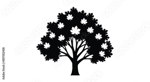 A stark black silhouette of a full tree with rounded leaves against a plain white background high quality