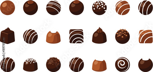 Large Vector Set of Assorted Chocolate Truffles and Pralines with Various Toppings, Drizzles, and Shapes for Gourmet Confectionery Branding, Dessert Menus, and Sweet Shop Marketing