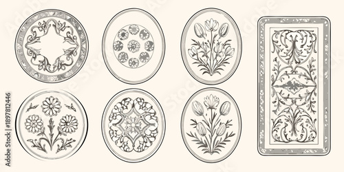 Vintage floral ornaments and decorative frames in a symmetrical arrangement