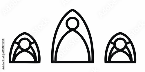 Three gothic arch shapes with circular elements in black and white