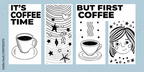Coffee themed illustration with text stars and a woman s profile