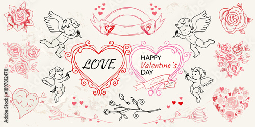 A whimsical valentine s day doodle with hearts cherubs and roses