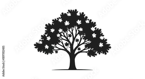 A striking black silhouette of a full leafy tree with a prominent trunk and dense canopy high quality