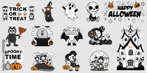 A collection of black and white halloween themed cartoon illustrations