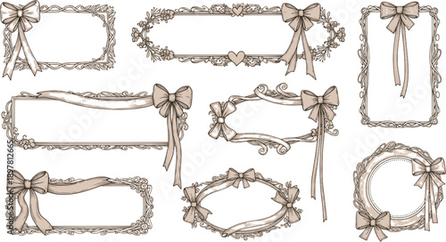 Set of hand drawn frames with ribbon and bow in romantic styles for greeting cards, wedding invitations, Valentines Day designs, packaging, scrapbooking, event printable stationery Vector illustration