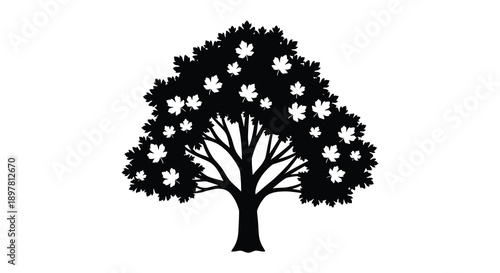 A stark black silhouette of a full leafy tree dominates a white background presenting a graphic representation