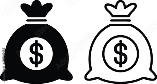 Solid and Outline Money Bag Icons with Dollar Sign, vector, illustration, silhouette.