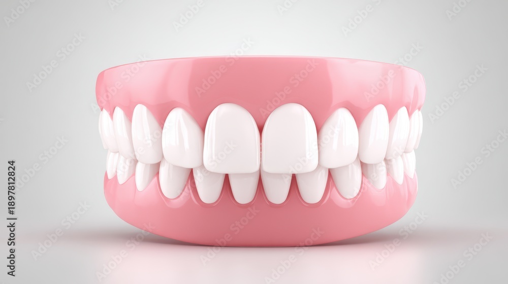 Obraz premium 3D mockup of a dental model showing a set of white teeth in a pink gum base, ideal for dental advertisements and educational materials