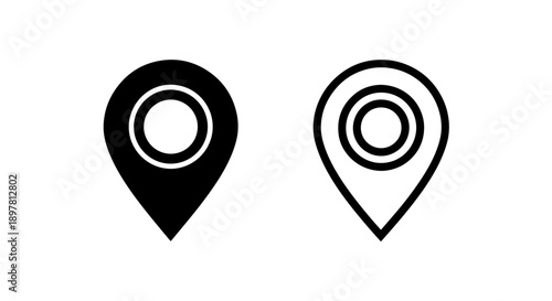 Location pin icons: filled black and outline with concentric circles, for navigation and geotagging, on white.