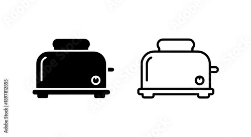 Toaster icons with a circular dial: filled black and outline, symbolizing kitchen appliance and breakfast.