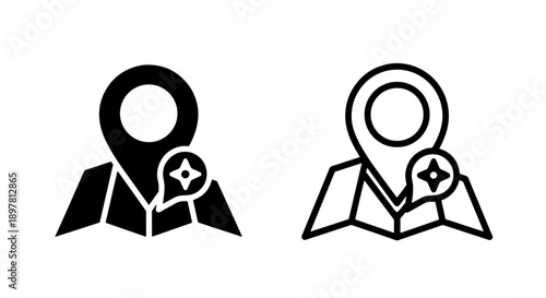 Map pointer with compass icon: filled black and outline, symbolizing location, direction, and travel.