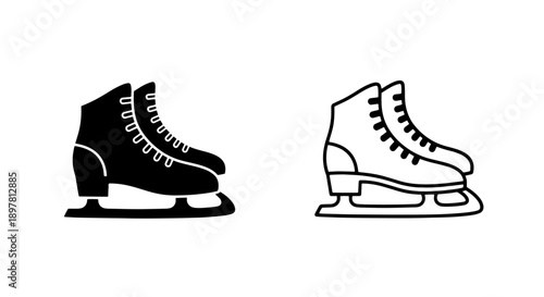 Ice skates icons: filled black and outline, for winter sports, ice skating, and figure skating.