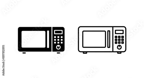 Microwave oven icons with keypad: filled black and outline, for kitchen appliance and food preparation.