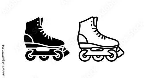 Roller skate icons: filled black and outline, for skating, recreation, and urban sport.