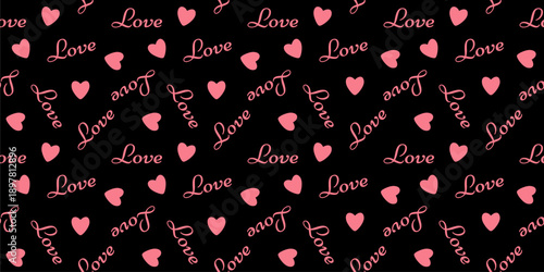 seamless love pattern with pink hearts and script text, romantic valentine wallpaper, elegant wedding background on black