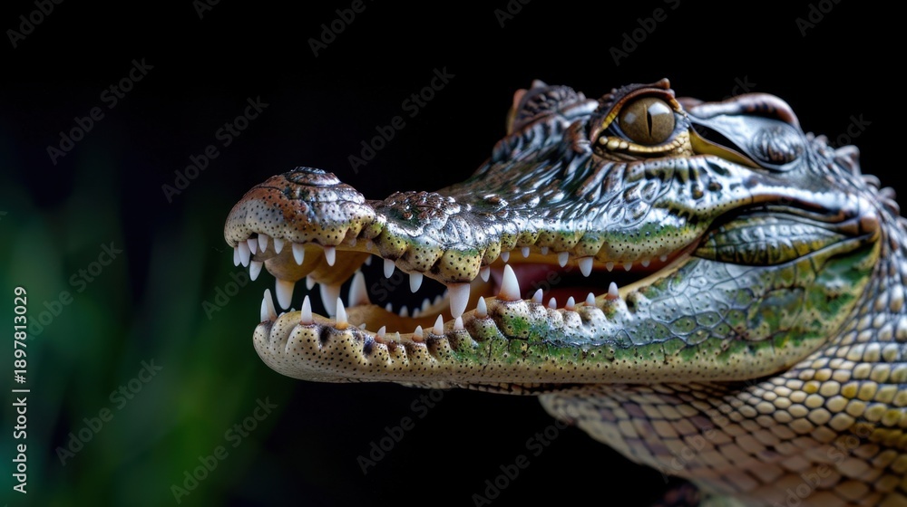 Fototapeta premium Detailed Close-Up of a Crocodile Head Showcasing Sharp Teeth and Scaly Texture Against a Dark Background
