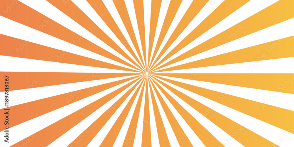 Fototapeta premium A vibrant orange sunburst background features radial sun rays and a vintage starburst pattern, creating a retro summer illustration with yellow sunbeam light and vector art stripes