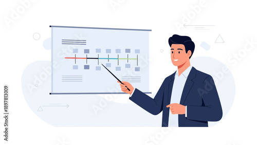 Man presenting timeline chart on whiteboard, business meeting, strategic planning