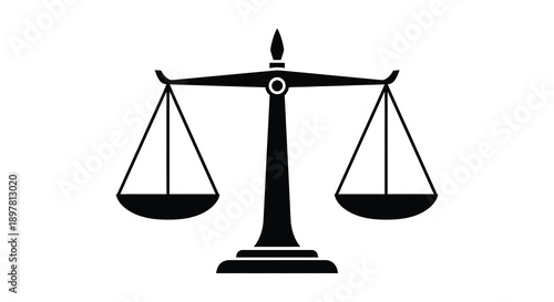 A stark black and white illustration depicts a traditional balance scale symbolizing justice fairness and legal proceedings high quality professional