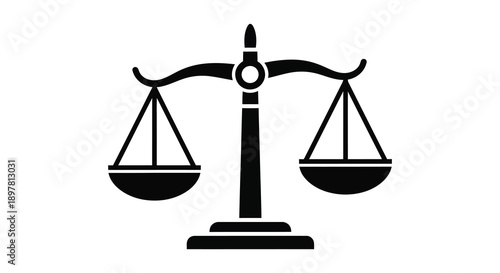 A simple black and white illustration depicts a traditional balance scale symbolizing justice and equality high quality professional